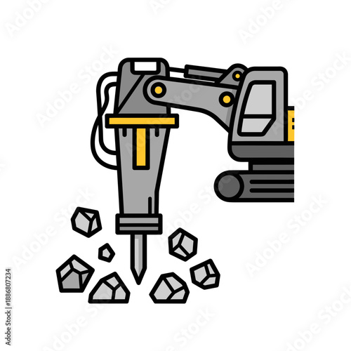 Powerful Excavator Jackhammer Demolishing Concrete And Stone Work Vector Graphic
