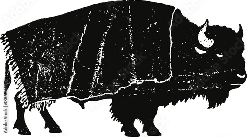 Silhouette of a bison covered with a fringed blanket in profile view
