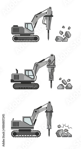 Powerful Excavator With Hydraulic Breaker Attachment For Demolition Work Isolated On White