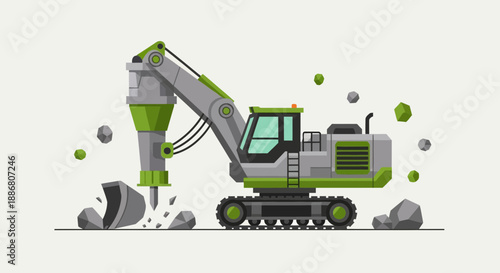 Powerful Excavator With Hydraulic Breaker Actively Crushing Rocks For Site Prep