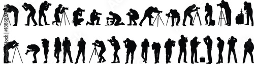 Photographer silhouettes set showing professional camera operators shooting photos with tripods, lenses, reportage poses, creative photography workflow isolated on white backgroundP