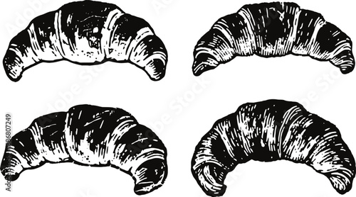 Illustration of four vintage hand drawn croissants with detailed texture and shading