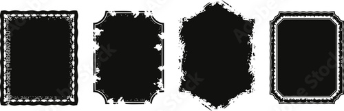 Four vintage black grunge frame designs with decorative distressed edges on white background
