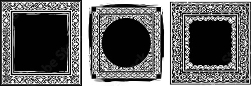 Decorative square and circular vintage frames with intricate floral and ornamental designs