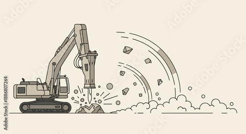 Powerful Excavator With Hydraulic Breaker Demolishing Hard Rock On Site Construction Industry