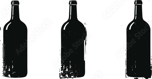 three black wine bottle silhouettes with grunge texture on white background