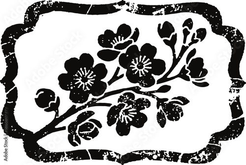 Cherry blossom branch with flowers and buds in black vintage frame design