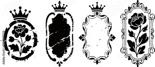 Vintage victorian floral emblems with ornate crowns and intricate frame designs