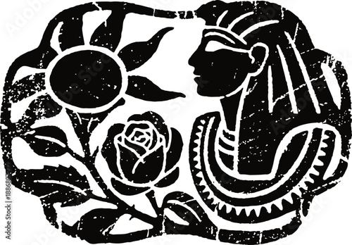 Ancient egyptian woman profile with sun and rose floral elements in black and white design