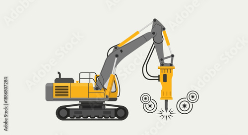 Powerful Excavator With Hydraulic Breaker Performing Demolition Work Vector Art