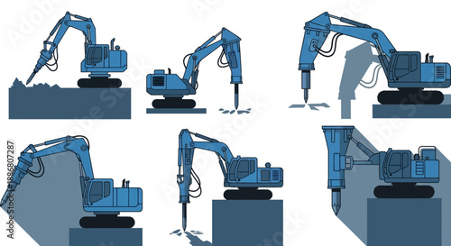 Powerful Blue Excavators With Hydraulic Hammers Demolition Equipment Collection.