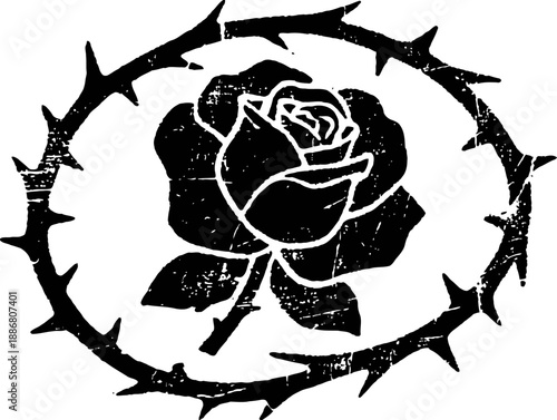 Black rose enclosed in a circular thorn crown silhouette symbol