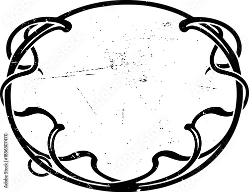 vintage grunge decorative oval frame with ornate curved elements and distressed texture