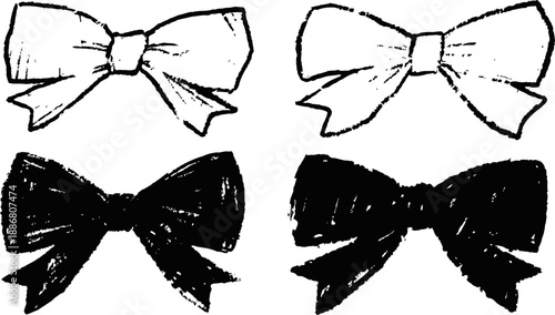 Hand drawn vintage ribbon bows in black and white, decorative elements for design and crafts