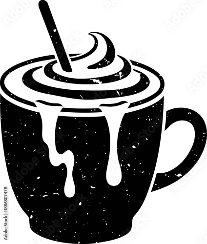 Hot chocolate cup with whipped cream and straw, sweet warm drink illustration