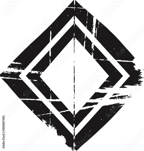 Grunge double diamond shape distressed geometric design with rough texture and bold black lines