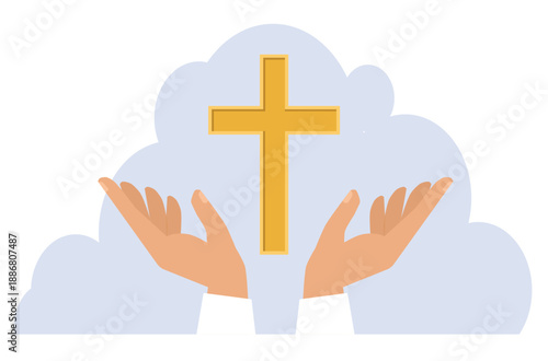 Catholic and Orthodox cross in hands. Crucifix worship. Arms in pray gesture. Jesus church. Spiritual faith in God.