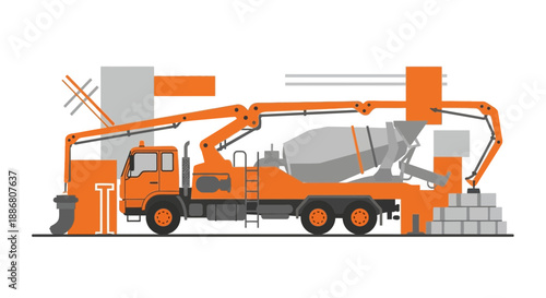 Powerful Concrete Pump Truck Delivering Fresh Mix To Urban Construction Site Illustration