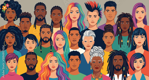 Diverse group of people with different hair colors and styles standing together in unity and harmony