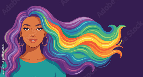 Vibrant woman with multicolored flowing hair and purple background expressing confidence and beauty