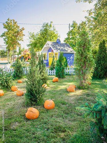 representation of a typical American house in a pumpkin village