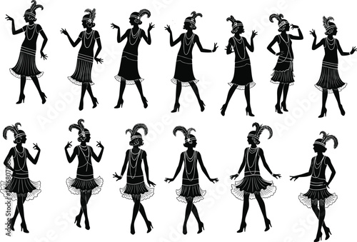 Vintage flapper dancer silhouettes set showing women in 1920s jazz costumes, Charleston dance poses, retro party fashion isolated on white background