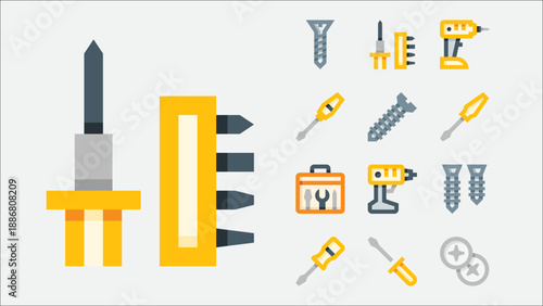 Screwdriver tools and fastening icons set