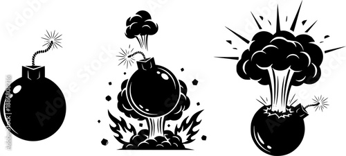 Four stylized black bomb illustrations showing stages of detonation sequence
