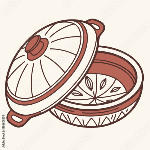 Top view of a rustic clay pot with a lid, perfect for village cooking and traditional food preparation.