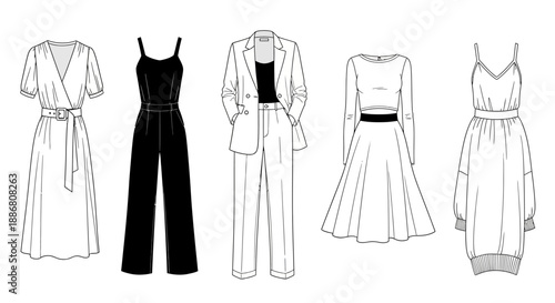 Vector collection of women's apparel and outfits featuring dresses jumpsuits suits and separates including dresses jumpsuits suits and separates with chic fashion styles