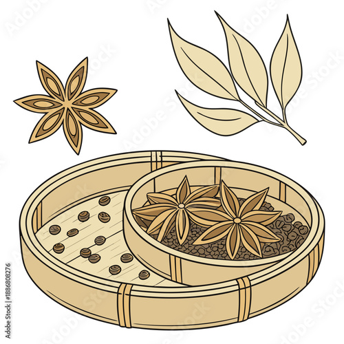 Round handcrafted bamboo tray for drying spices and herbs, adding natural charm to rustic kitchen preparations.