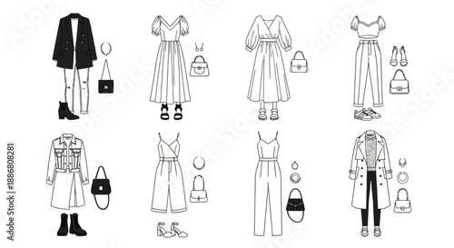 Fashion outfit vector collection of women's clothing including jackets jeans dresses jumpsuits and accessories like handbags and jewelry for stylish everyday ensembles and curated looks