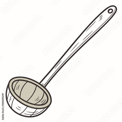 Rustic village kitchen wooden ladle featuring a long handle, perfect for stirring and serving hearty traditional meals.