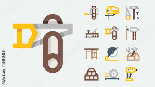 Woodshop and carpentry workshop icons set