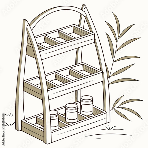 Clean vector graphic of a handcrafted bamboo kitchen spice rack, offering natural and organized storage for herbs and seasonings.