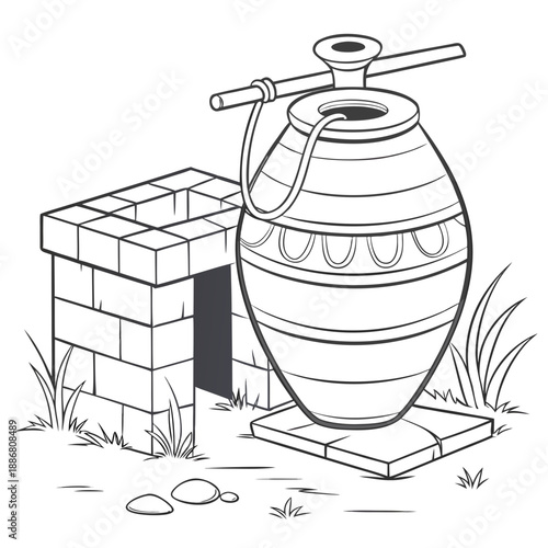 Minimalist vector illustration of a village-style clay water cooling pot, essential for refreshing beverages in traditional settings.