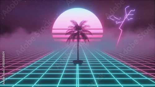 Tracking shot of silhouetted palm trees against a giant vaporwave sun, glowing gradient sky