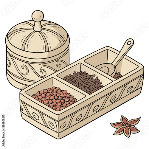 Set of handcrafted clay spice containers with tribal patterns, clean vector design