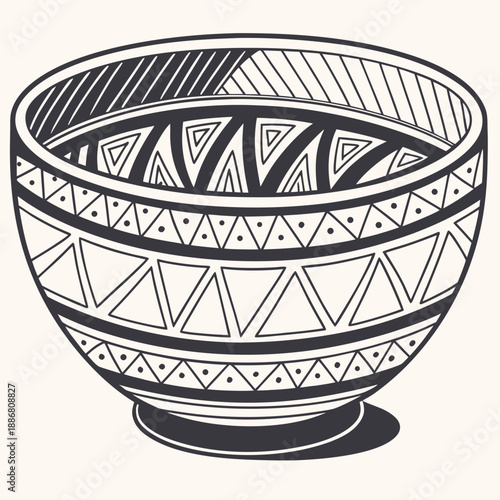Handcrafted pottery bowl adorned with vibrant tribal patterns, flat vector illustration