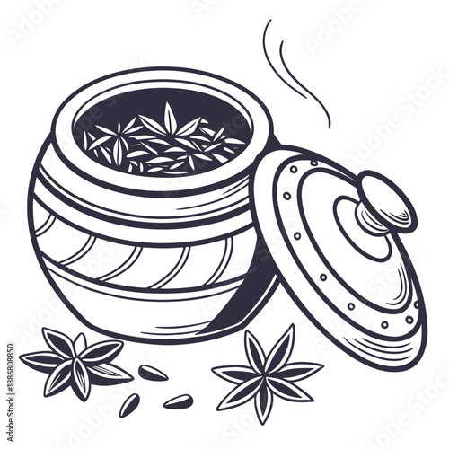 Minimalist vector design of a handcrafted pottery spice jar with a lid