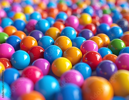 A close-up view of many colorful, glossy spheres scattered closely together, filling the frame with vibrancy