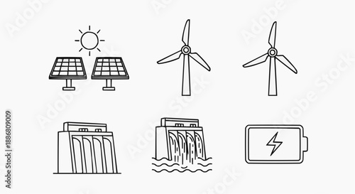 Renewable Energy Sources Illustrated with Solar Panels, Wind Turbines, and Hydroelectric Power