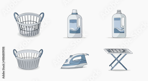 Laundry day essentials including baskets, detergent, and ironing equipment displayed neatly on a clean background from a straightforward viewpoint.