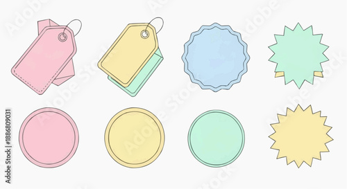 Collection of colorful labels, tags, and shapes in pastel hues displayed together, possibly for organization or decoration, presented in a clean and simple visual arrangement.