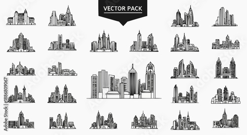 Collection of various city skylines and buildings illustrated in a vector pack