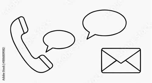 Simple line illustration of a telephone, speech bubbles, and an envelope symbolizing communication and messaging