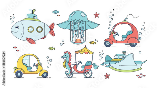Whimsical Underwater Vehicles: A charming collection of fantastical underwater vehicles, inviting imagination and playful exploration of the ocean depths.