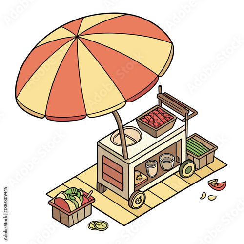 Top view vector illustration of a roadside food cart with a vibrant umbrella, symbolizing street food, local vendors, and outdoor dining.