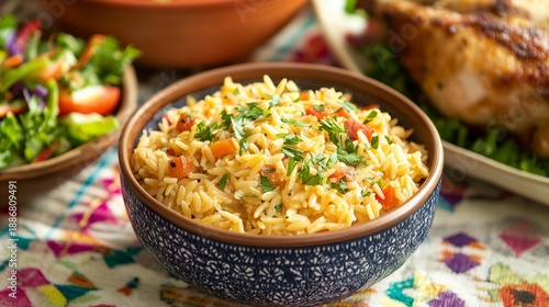 Fluffy buttery rice pilaf with orzo, served in a bowl with roasted chicken and a side salad on a colorful tablecloth.