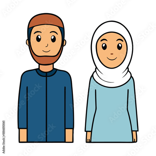 A Muslim man and woman stand together, dressed modestly, radiating respect and faith, with warm expressions that reflect culture, tradition, and harmony.
